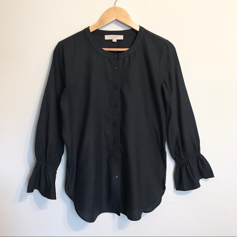 LOFT Smocked trim tunic shirt-navy blue